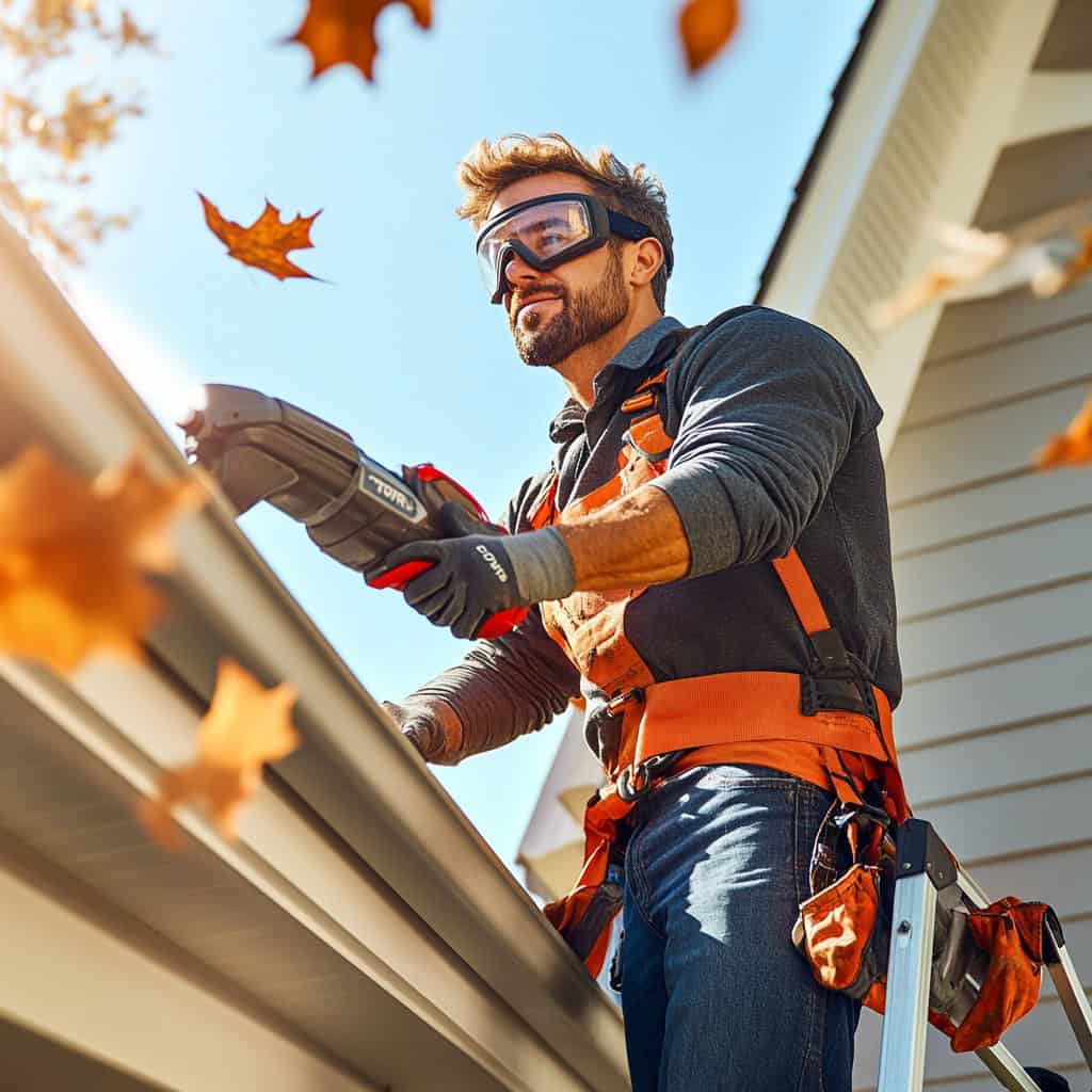 A man using a blower to clean leaves from a gutter