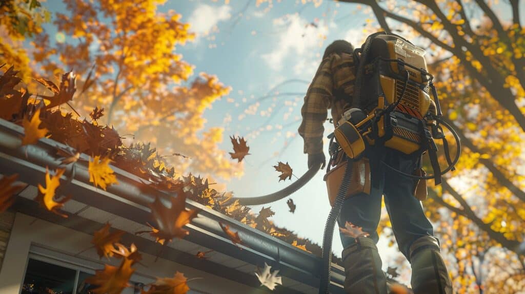 A man usint a leaf vacuum to clean out gutters on a home